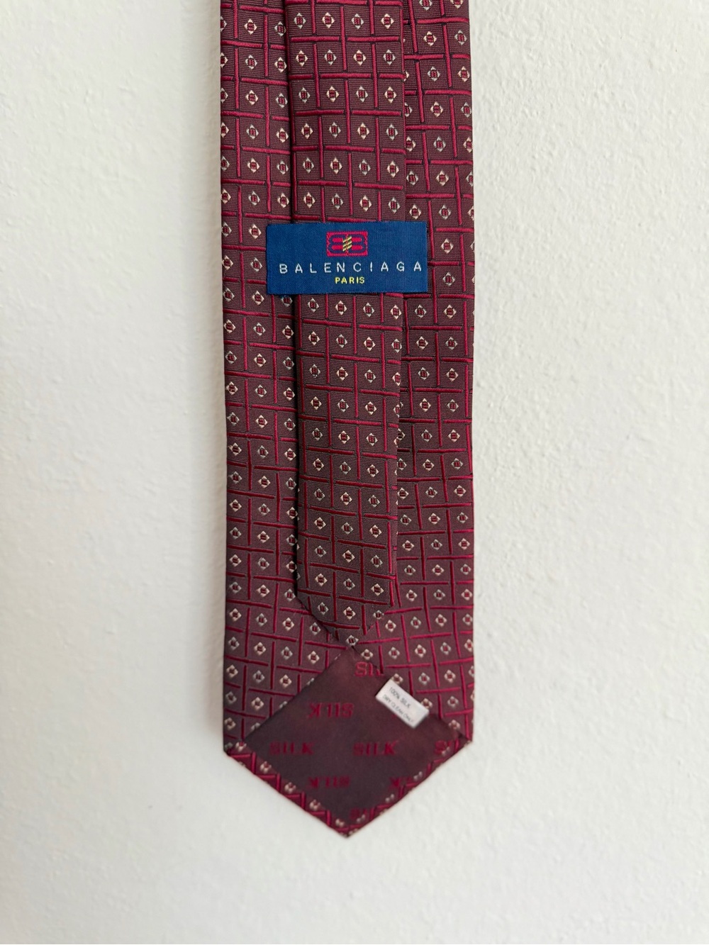 Vintage Balenciaga Paris Burgundy Geometric 100% Silk Tie